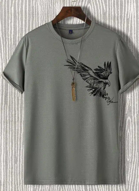 Round Neck Printed T-shirt for Men (Grey, M) - ANIBEY