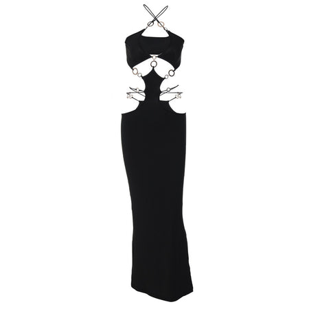 Women's New Sexy Low-cut Circle Splicing Hanging Neck Halter Backless Slit Dress - ANIBEY