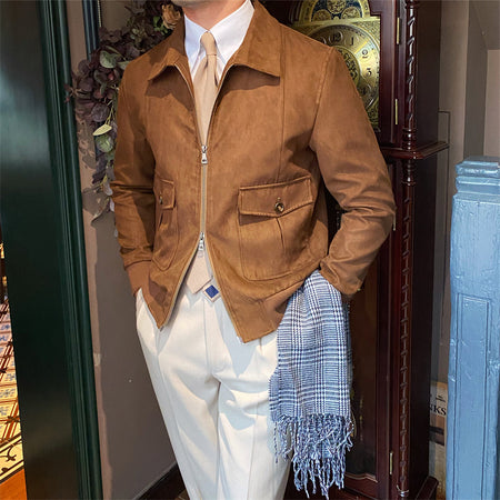 Suede Coffee Bomber Jacket For Men - ANIBEY