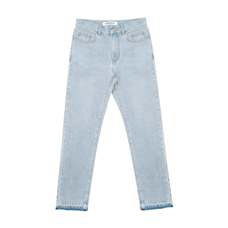 Washed Blue Frayed Edging Distressed Straight-leg Jeans for Men - ANIBEY