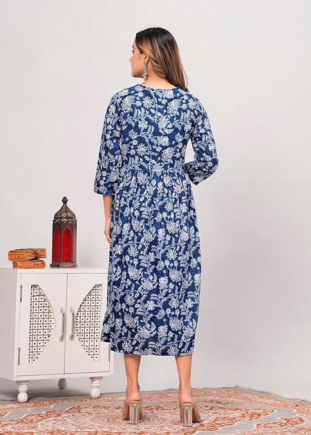 Anarkali Poly Crepe Printed Kurti For Women (Grey & Blue, M) - ANIBEY