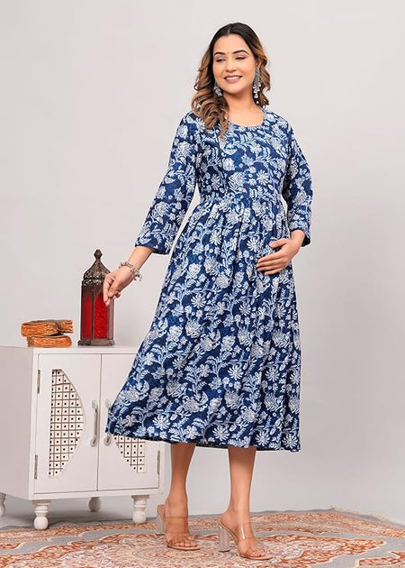 Anarkali Poly Crepe Printed Kurti For Women (Grey & Blue, M) - ANIBEY