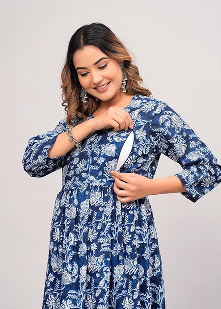 Anarkali Poly Crepe Printed Kurti For Women (Grey & Blue, M) - ANIBEY