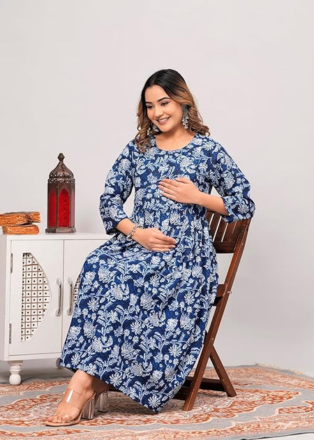 Anarkali Poly Crepe Printed Kurti For Women (Grey & Blue, M) - ANIBEY