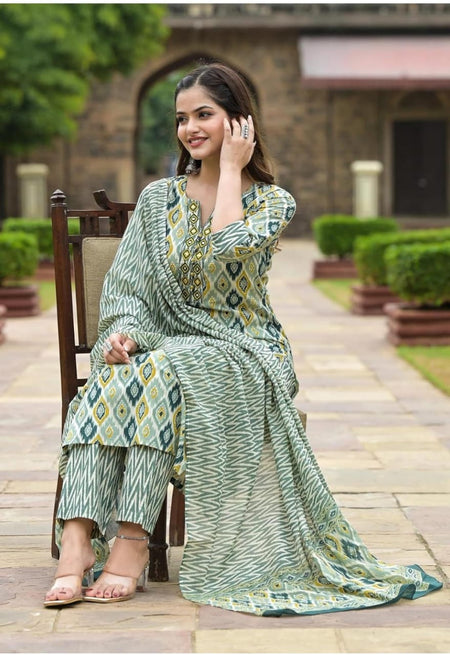 Women Viscose Rayon Kurta Pant Dupatta Set - ANIBEY