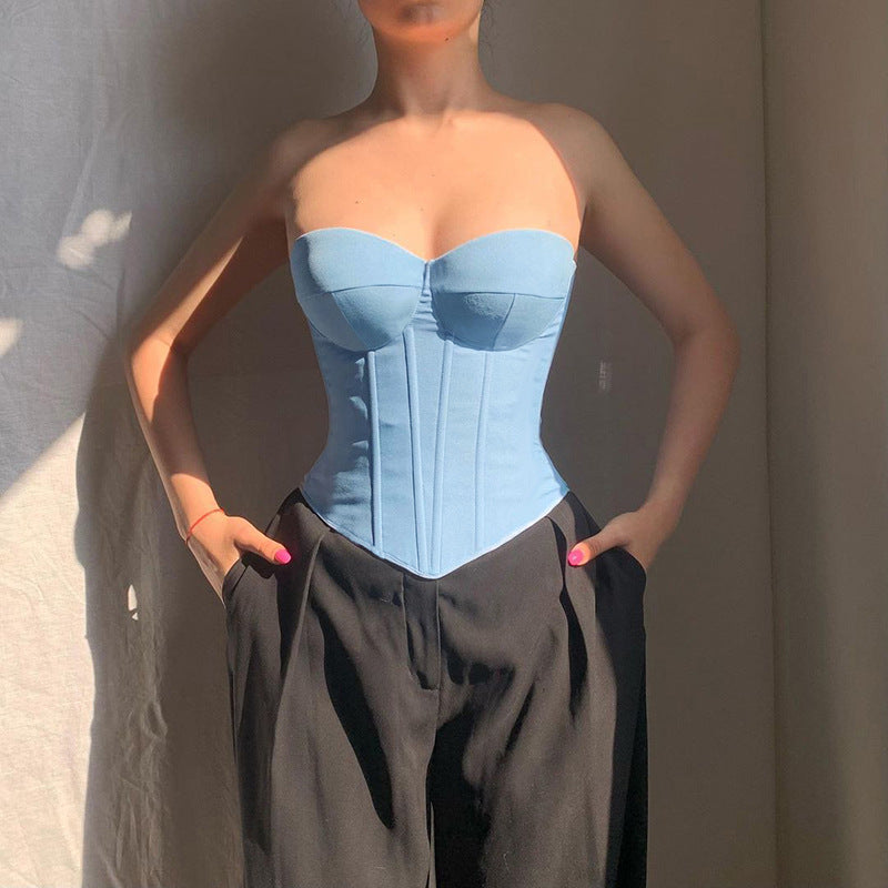 Denim Tube Vest Top With Back-tied Design INS Fashion Crop Corset Tank For Women Clothing