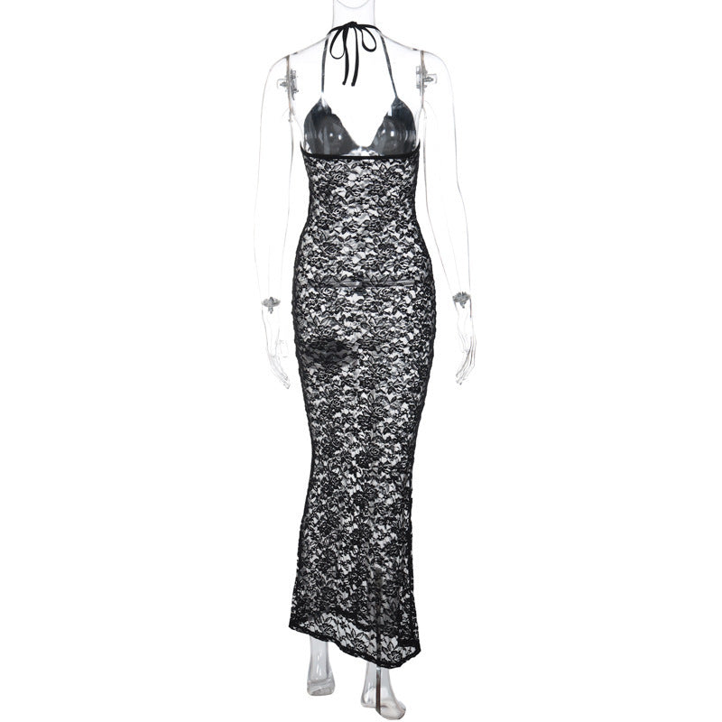 Women's V-neck Chest-wrapped Halter Stitching Lace Dress - ANIBEY