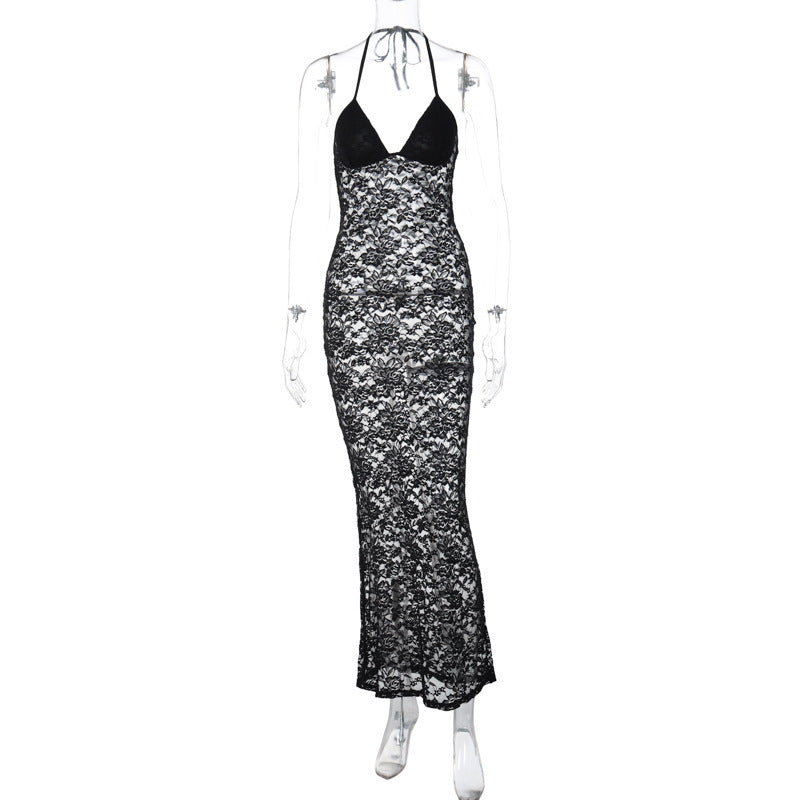 Women's V-neck Chest-wrapped Halter Stitching Lace Dress - ANIBEY
