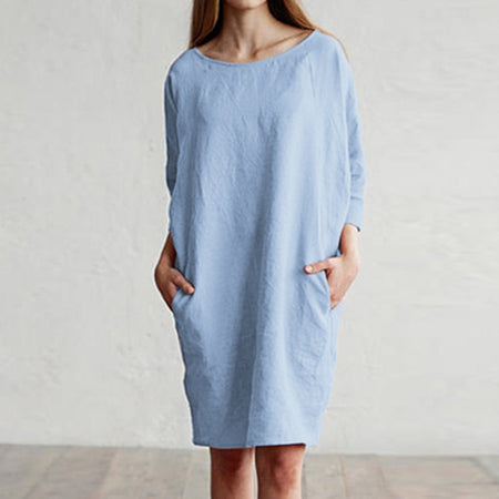 Cotton and linen stitching round neck pocket dress - ANIBEY