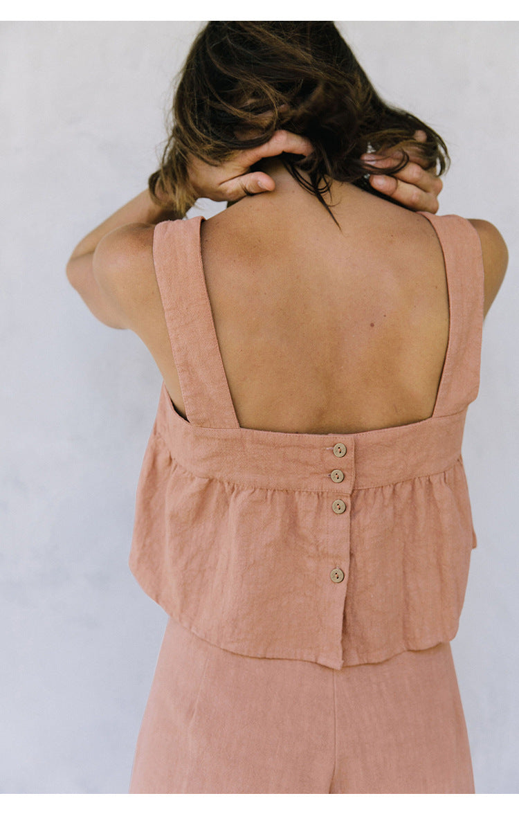 Women's Summer New Square Collar Strap Backless Special-interest Design Short Overall Dress Set - ANIBEY