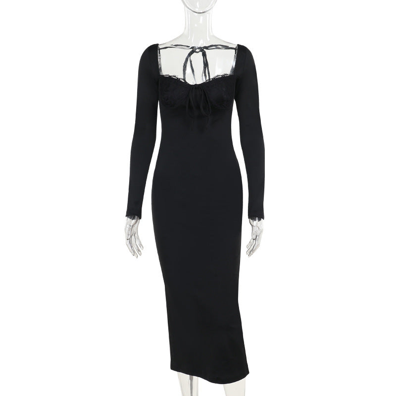 Lace Chest Back Long Sleeve Dress Vacation Style Fashion - ANIBEY