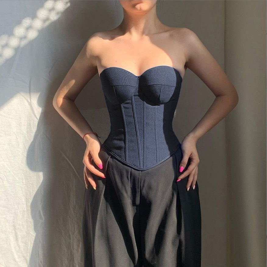 Denim Tube Vest Top With Back-tied Design INS Fashion Crop Corset Tank For Women Clothing