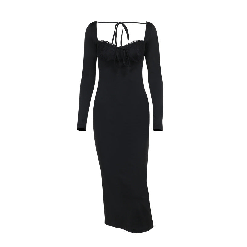 Lace Chest Back Long Sleeve Dress Vacation Style Fashion - ANIBEY