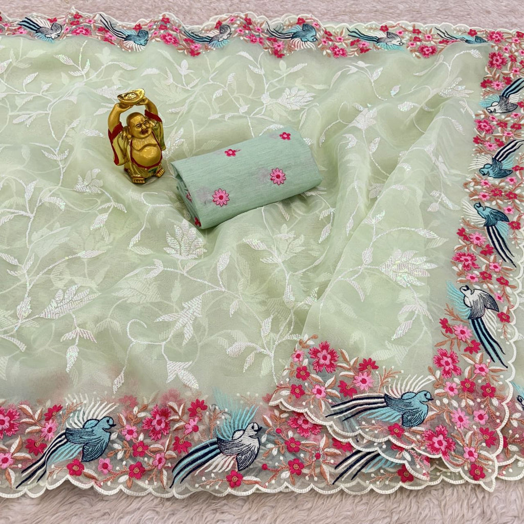 Women's Organza Flower Embroidery Work Silk Saree With Blouse Piece - ANIBEY