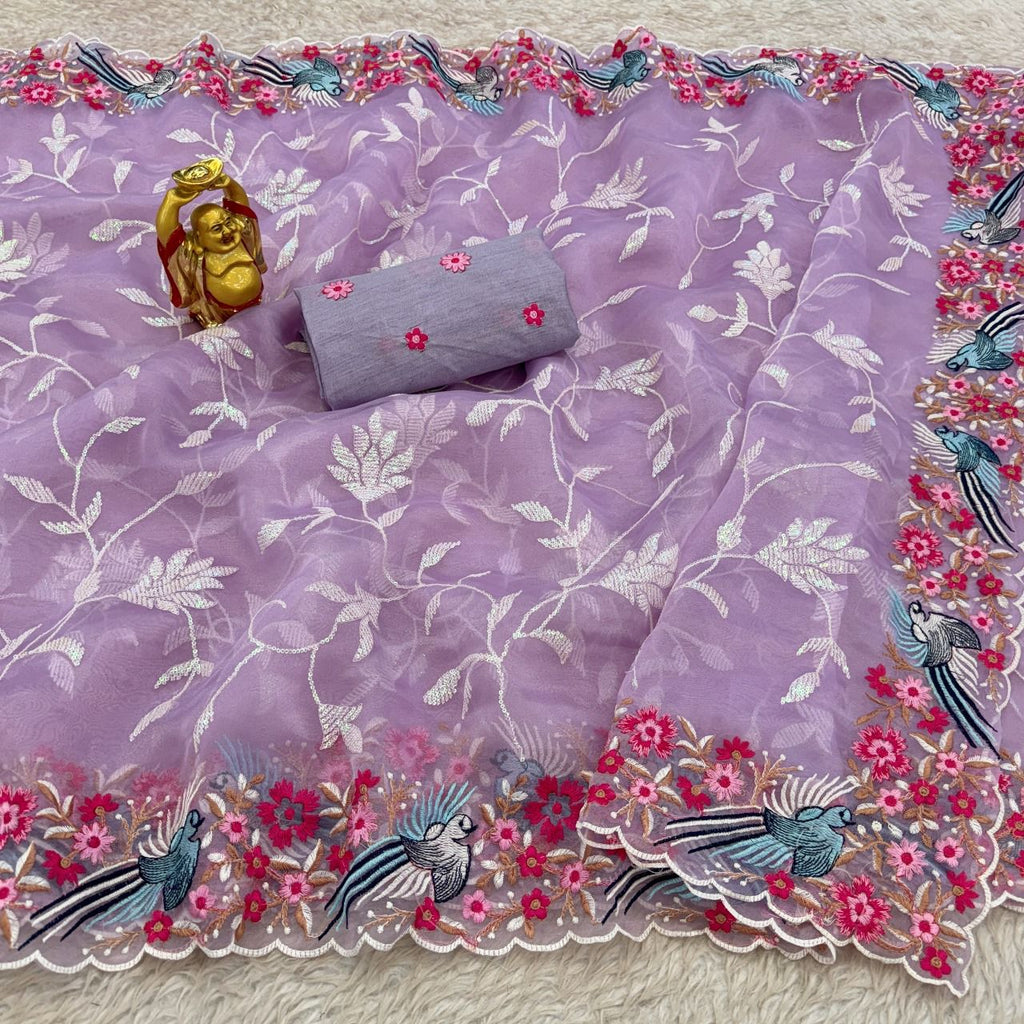 Women's Organza Flower Embroidery Work Silk Saree With Blouse Piece - ANIBEY