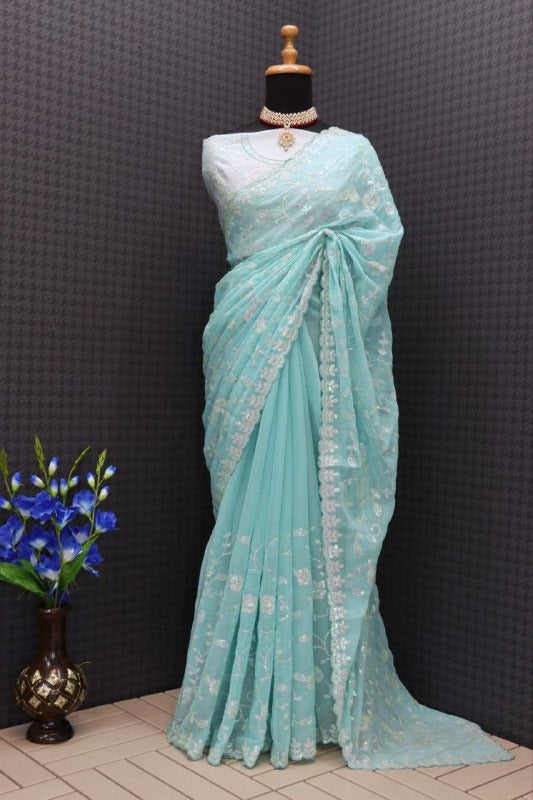 Women's Georgette Embellished Saree With Unstitched Blouse Piece - ANIBEY