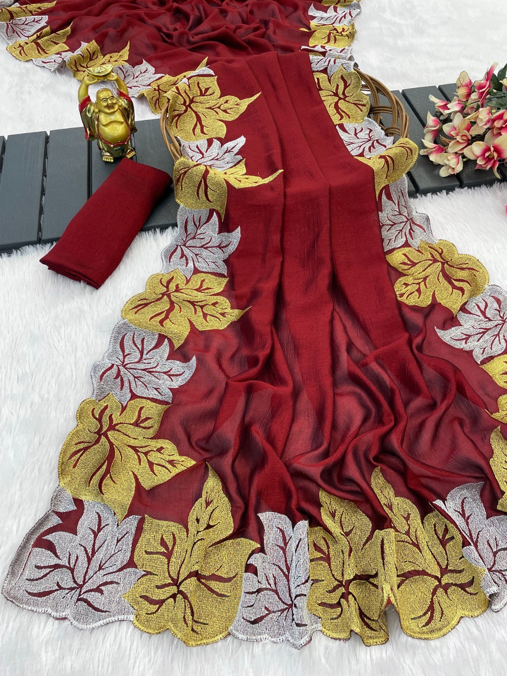 Women's Vichitra Silk Embroidery Work Saree With Unstitched Blouse Piece - ANIBEY