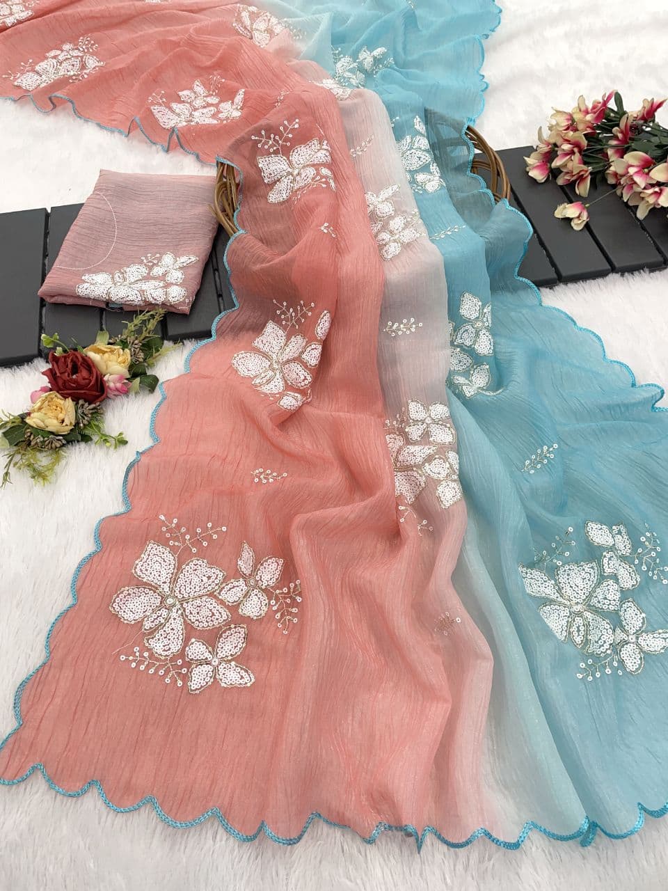Women's Shimmer Chiffon Sequence Embroidery Saree With Unstitched Blouse Piece - ANIBEY