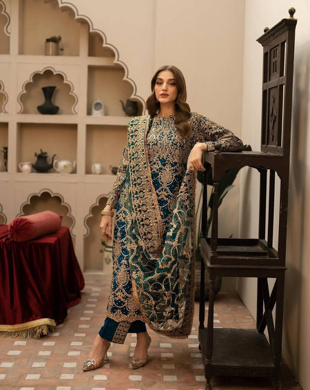 Royal Navy Blue Color Faux Georgette With Embroidery - ANIBEY