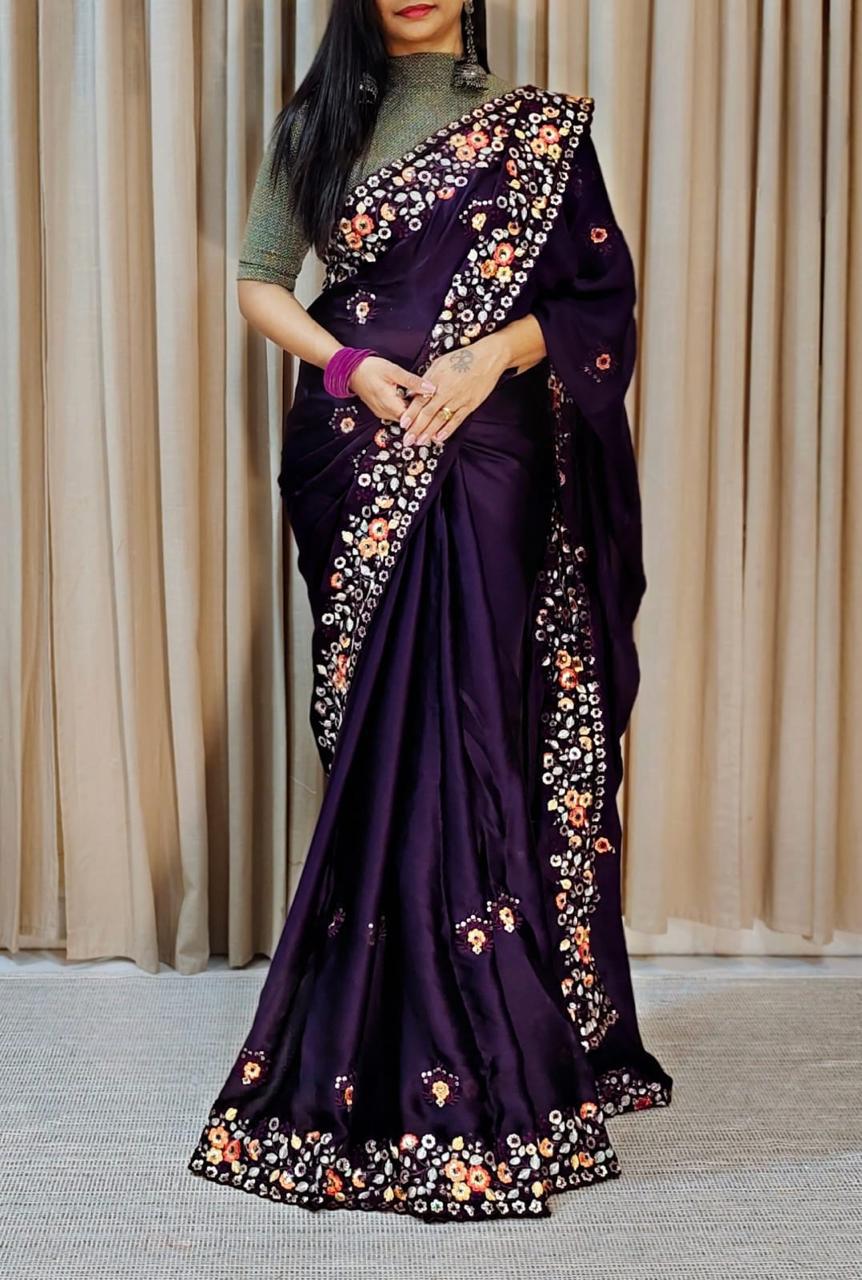 Women's Multicolor Chiffon Embroidered Saree With Unstitched Blouse Piece - ANIBEY