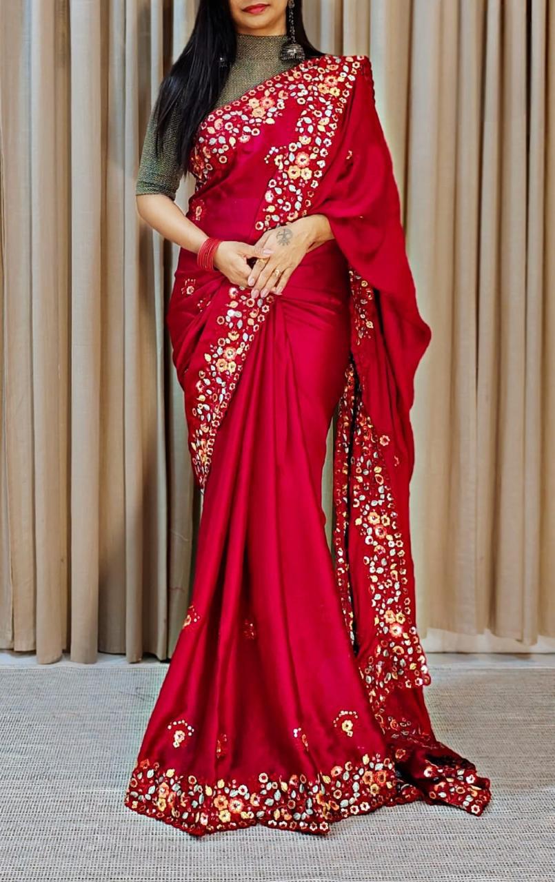 Women's Multicolor Chiffon Embroidered Saree With Unstitched Blouse Piece - ANIBEY
