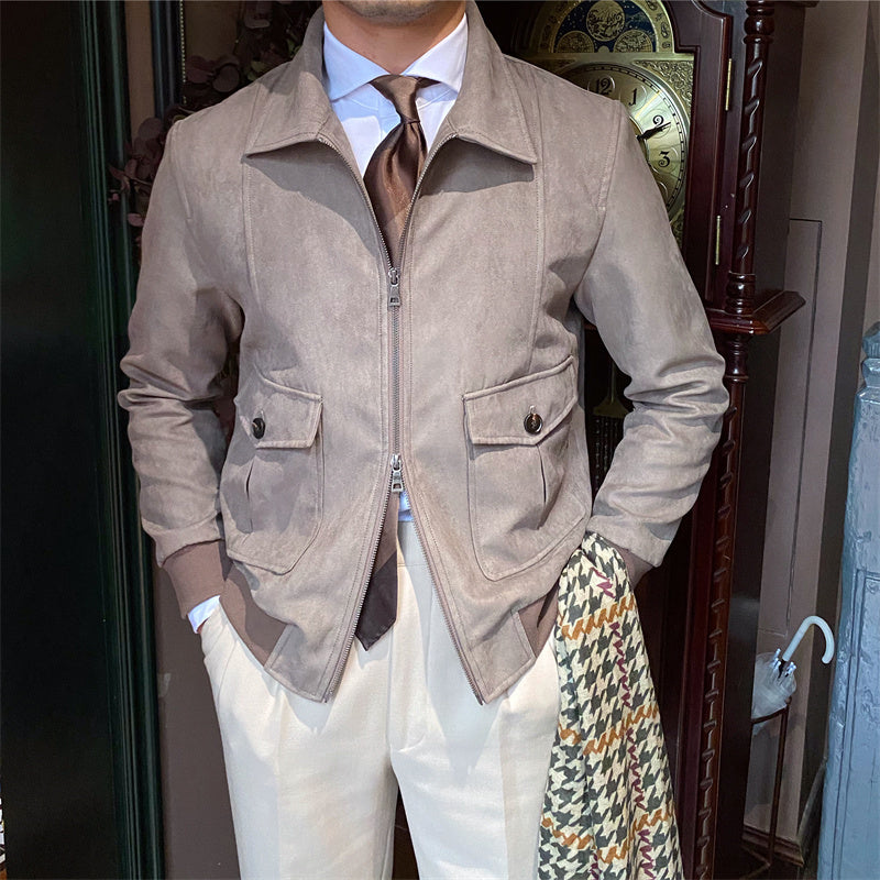 Suede Coffee Bomber Jacket For Men - ANIBEY