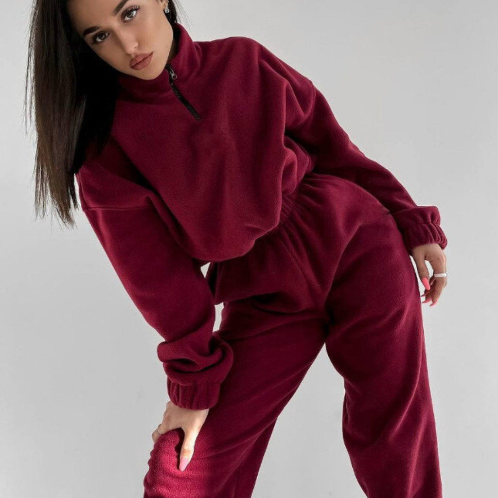 Woman Loose Zip Stand Collar Sweater Two Piece Set - ANIBEY