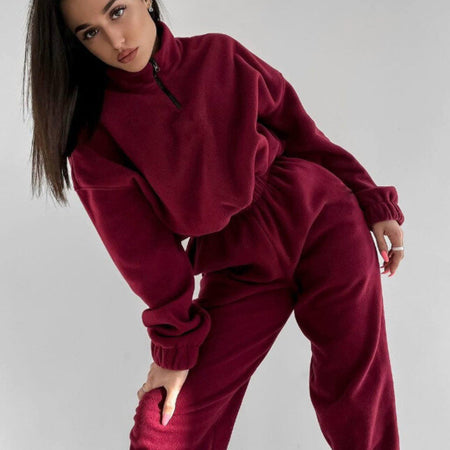 Woman Loose Zip Stand Collar Sweater Two Piece Set - ANIBEY