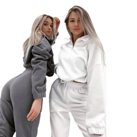 Woman Loose Zip Stand Collar Sweater Two Piece Set - ANIBEY