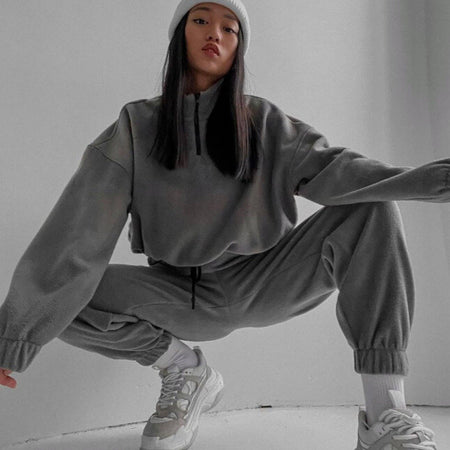 Woman Loose Zip Stand Collar Sweater Two Piece Set - ANIBEY