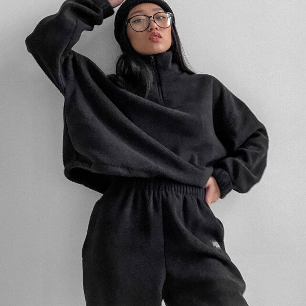 Woman Loose Zip Stand Collar Sweater Two Piece Set - ANIBEY