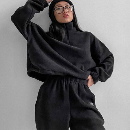 Woman Loose Zip Stand Collar Sweater Two Piece Set - ANIBEY