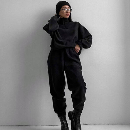 Woman Loose Zip Stand Collar Sweater Two Piece Set - ANIBEY