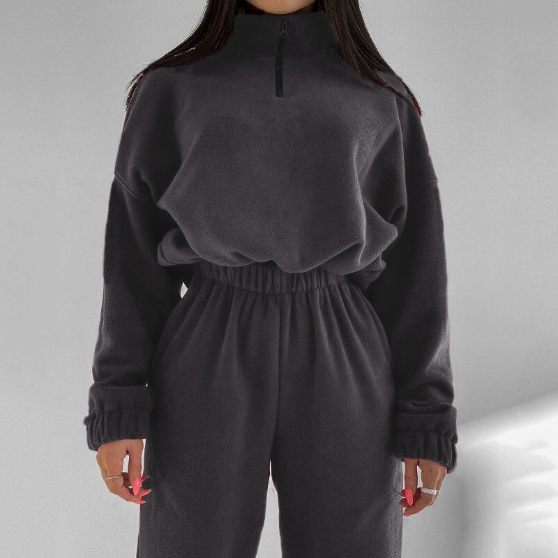 Woman Loose Zip Stand Collar Sweater Two Piece Set - ANIBEY