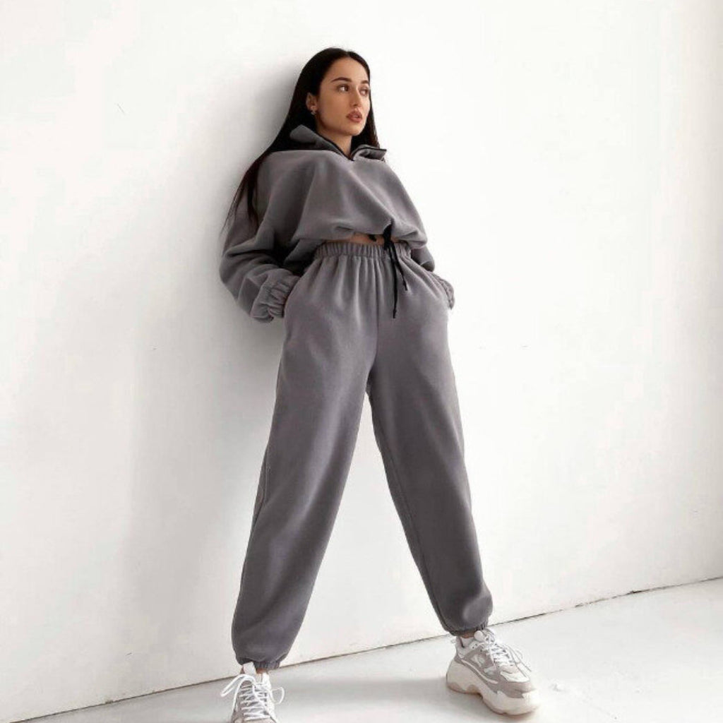Woman Loose Zip Stand Collar Sweater Two Piece Set - ANIBEY