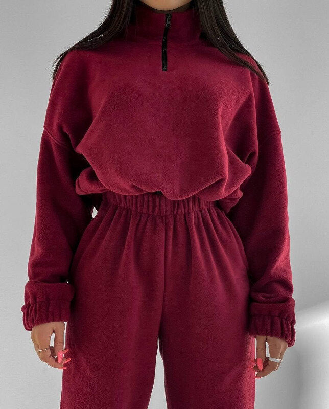 Woman Loose Zip Stand Collar Sweater Two Piece Set - ANIBEY