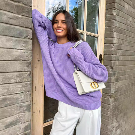 Women Sweater Round Neck loose Solid Color Sweater - ANIBEY