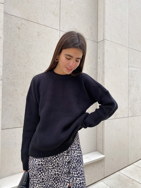 Women Sweater Round Neck loose Solid Color Sweater - ANIBEY