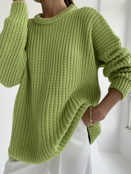 Women Sweater Round Neck loose Solid Color Sweater - ANIBEY