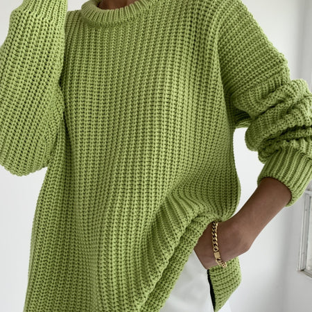 Women Sweater Round Neck loose Solid Color Sweater - ANIBEY