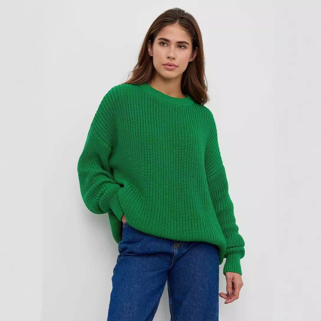 Women Sweater Round Neck loose Solid Color Sweater - ANIBEY