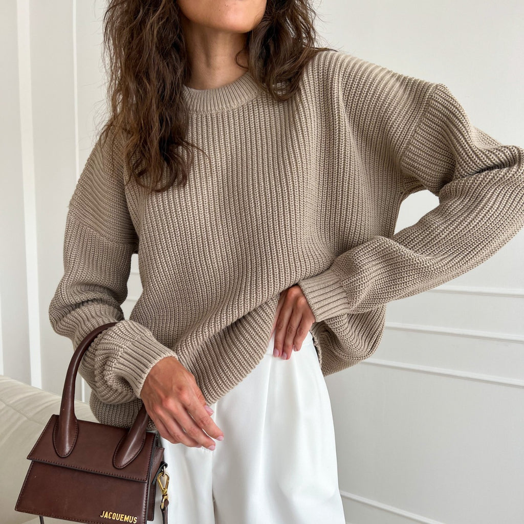Women Sweater Round Neck loose Solid Color Sweater - ANIBEY