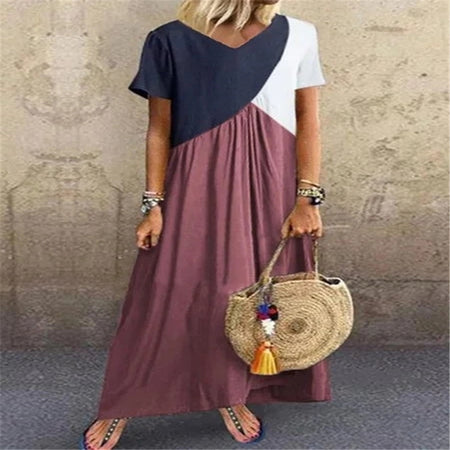 Stitching Multicolor V-neck Short-sleeved Long Skirt Dress - ANIBEY