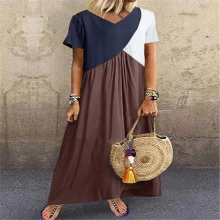 Stitching Multicolor V-neck Short-sleeved Long Skirt Dress - ANIBEY