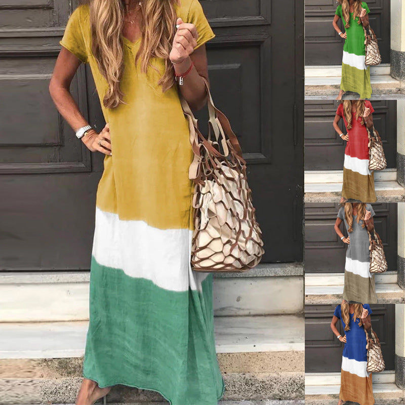 Stitching Multicolor V-neck Short-sleeved Long Skirt Dress - ANIBEY