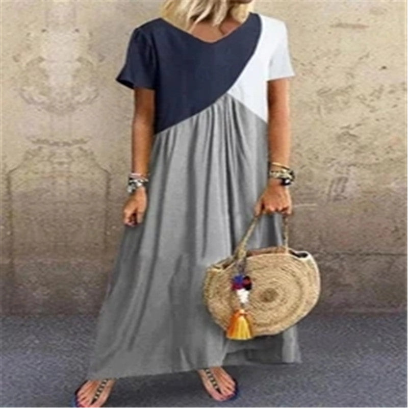 Stitching Multicolor V-neck Short-sleeved Long Skirt Dress - ANIBEY