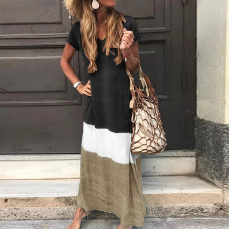 Stitching Multicolor V-neck Short-sleeved Long Skirt Dress - ANIBEY