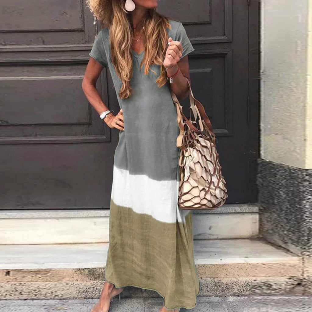 Stitching Multicolor V-neck Short-sleeved Long Skirt Dress - ANIBEY