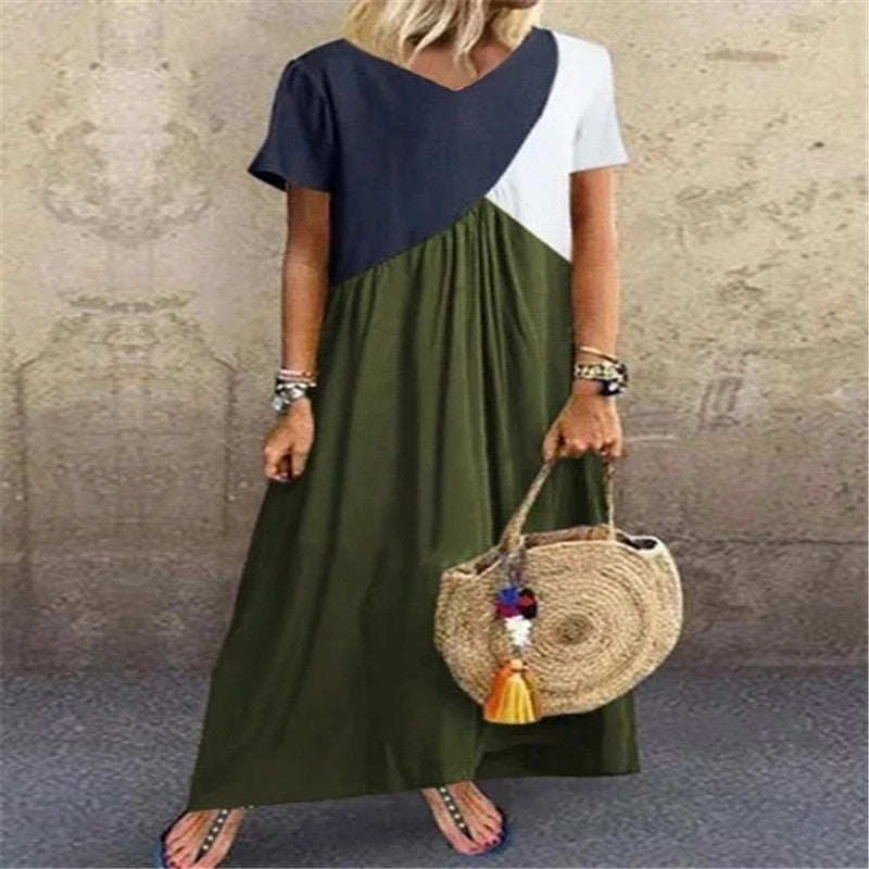 Stitching Multicolor V-neck Short-sleeved Long Skirt Dress - ANIBEY