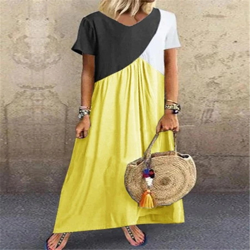 Stitching Multicolor V-neck Short-sleeved Long Skirt Dress - ANIBEY